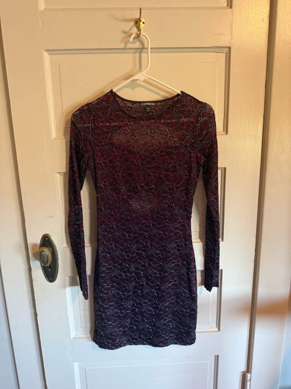 Express Long Sleeve Lace Bodycon Dress in Burgundy and Black